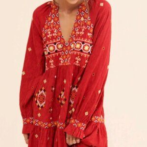 Anthropologie Embroidered Tunic Niamh Dress - Size M - Red & Gold - NWT